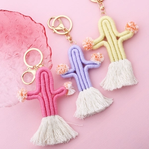 Handmade woven cotton cactus keychains with colorful tassels and golden metal rings