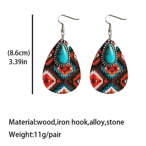 Bohemian teardrop earrings with turquoise stone inlay and tribal wood pattern design