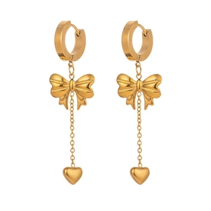 Golden titanium steel bow and heart tassel earrings with waterproof 18K plating