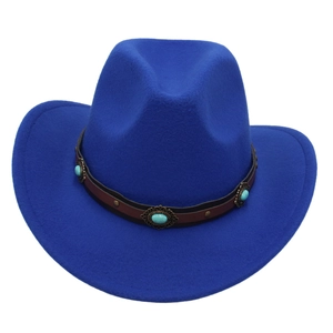 Detail of royal blue felt cowboy hat with turquoise and bronze metal band decor