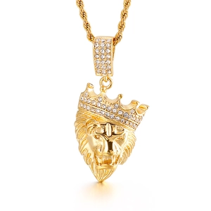 Men Hip Hop Lion Head Pendant Stainless Steel With Rhinestone Iced Out Crown Animal Necklace Fashion Jewelry Accessory