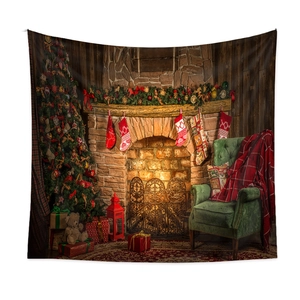 Christmas tapestry featuring fireplace and tree background cloth for holiday wall decor