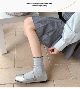 Close-up of light blue ribbed crew socks with ruffle edges paired with silver Mary Janes