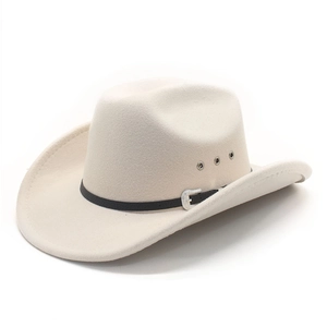 Classic cream western cowboy hat with black leather band and silver buckle on white background