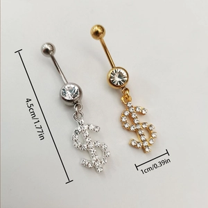 Golden and silver dollar sign belly rings with white rhinestones in a 4.5cm size