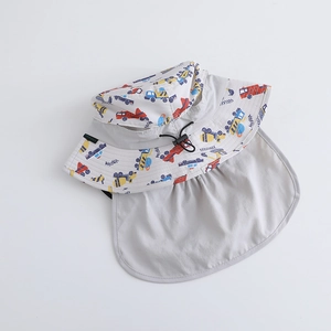 Detail of grey sun hat for boys featuring colorful cartoon car prints and neck protection