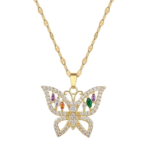 Luxury gold-plated butterfly necklace with colorful cubic zirconia stones on white background