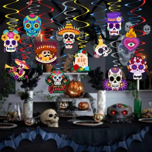 Colorful Day of the Dead ceiling swirls with sugar skull hanging decorations
