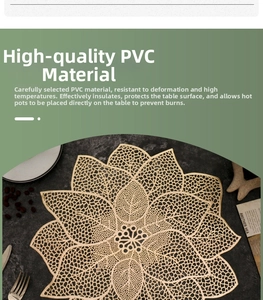Close-up of golden PVC leaf placemat showing heat-resistant hollow patterns and texture