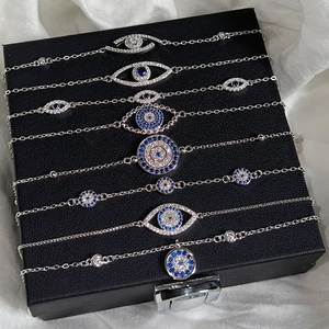 Bracciali in argento S925 con occhio del male e zircone blu su pelle nera pregiata