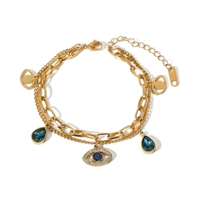 Gold double-layer Evil Eye bracelet with blue crystal teardrop pendant and link chain