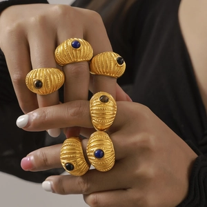 Luxurious gold-plated geometric rings set with blue and black gemstones for women