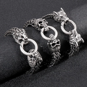 Men Braided Chain Bracelet 316L Stainless Steel Punk Wolf Lion Skull Head Retro Vintage Distressed Biker Gothic Jewelry