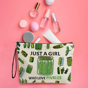 Canvas makeup bag with Just A Girl Who Loves Pickles print and cute cartoon graphics