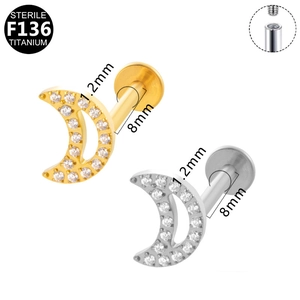 F136 titanium labret stud with moon shape white zircon and internal thread detail
