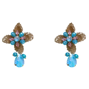Vintage gold wire cross earrings with colorful crystals and blue teardrop pendants
