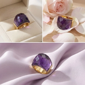 Detail of purple faceted crystal ring in 18k gold plating on elegant silk background
