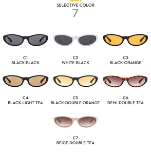 Detailed overview of small oval cat-eye sunglasses available in 7 diverse color variants