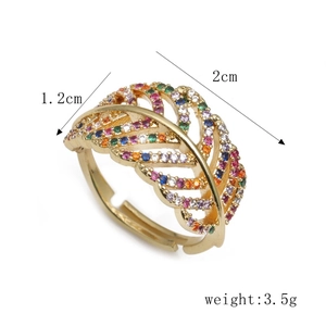 Detail of 18K gold plated wing ring with colorful cubic zirconia and dimension data