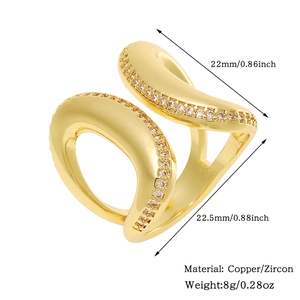 Detail view of gold open ring with zircon inlay showing 22mm size and 8g weight specs