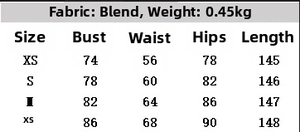 Size chart for women's mesh patchwork dress with detailed bust, waist, and hip measurements