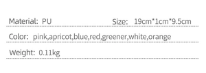 Detailed specifications for PU leather wallet showing size 19x1x9.5cm and color options