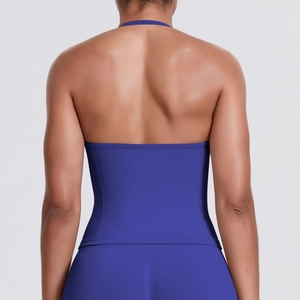 Detail of blue seamless sports vest featuring a sleek racerback design and slim fit