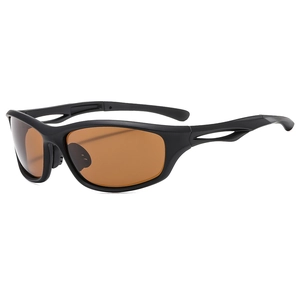 Polarized sports sunglasses with matte black frames and brown lenses for outdoor cycling