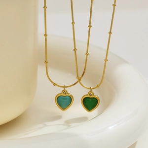 Heart Pendant Necklace Stainless Steel 18K Gold Plated Faux Cat Eye Gemstone Chic Vintage Clavicle Bead Chain For Women