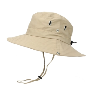 Hiking sun hat in khaki with adjustable windproof cord and breathable metal eyelets