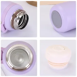 Purple 316 stainless steel vacuum insulated bottle with close-up of non-slip base and lid