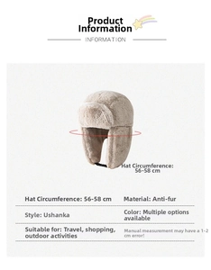 Detail of faux rabbit fur trapper hat showing 56-58cm size dimensions and ear flaps
