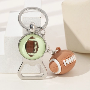 Detailed view of an American football keychain bottle opener with a silver metal finish