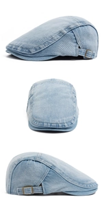 Dettaglio della fibbia metallica regolabile sulla coppola in denim lavato blu unisex