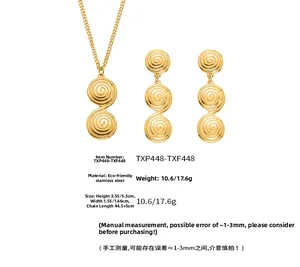 Detailed view of golden stainless steel jewelry set featuring concentric spiral texture design