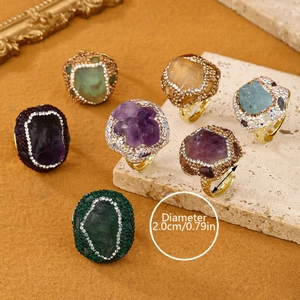 Adjustable gold rings with natural raw gemstones and sparkling crystal pavé borders