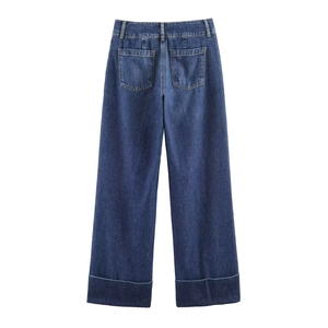 Jean bleu foncé à taille haute et jambe large avec poches arrière et revers larges