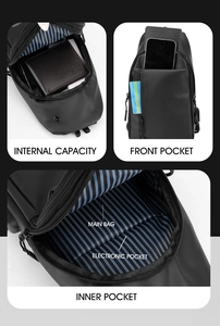 Detailed view of internal capacity and functional pockets of the black waterproof chest bag