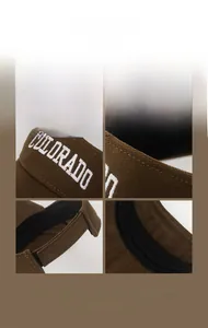 Detail of embroidered COLORADO logo and adjustable strap on the brown sun visor cap