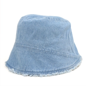 Fashionable light blue denim bucket hat with frayed edges for women sun protection