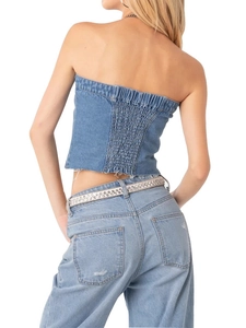 Vue arrière du haut bustier en jean ajusté avec dos élastiqué et ceinture en strass