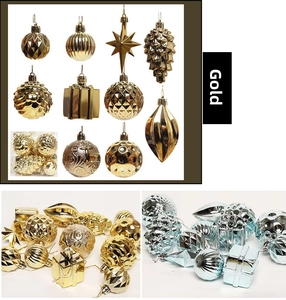 Detail of assorted gold and silver electroplated Christmas tree ornaments in various shapes