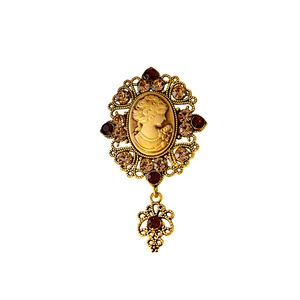 Vintage medieval relief brooch with hollow gold frame and colorful rhinestone accents