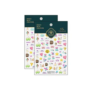 3D pixel cartoon nail art stickers with colorful hearts and cat patterns on white background