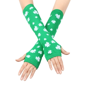 Detail of green knitted arm sleeves with white clover prints for Saint Patrick's Day party