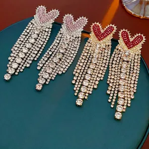 Heart Tassel Earrings Alloy Rhinestone With Silver Earring Post Long Dangle Elegant Jewelry For Women