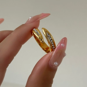 18k gold plated stainless steel open ring featuring two rows of clear pavé zircons