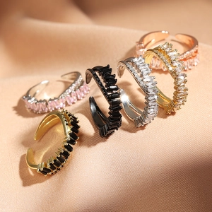 Retro double-layer cross open ring with colorful zircons in gold and silver finish
