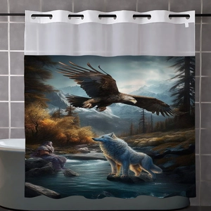 Detail of waterproof bath curtain featuring eagle and wolf print with reinforced ring holes