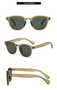 Mise en page trois vues de lunettes de soleil rondes vert olive montrant face et profil